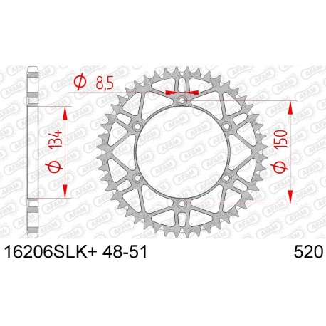 Couronne AFAM 51 dents acier ultra-light pas 520 type 16206SLK